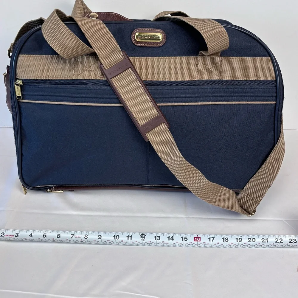 Jaguar Blue and Tan Carry On with Adjustable Strap and Structured Shape. Nice!